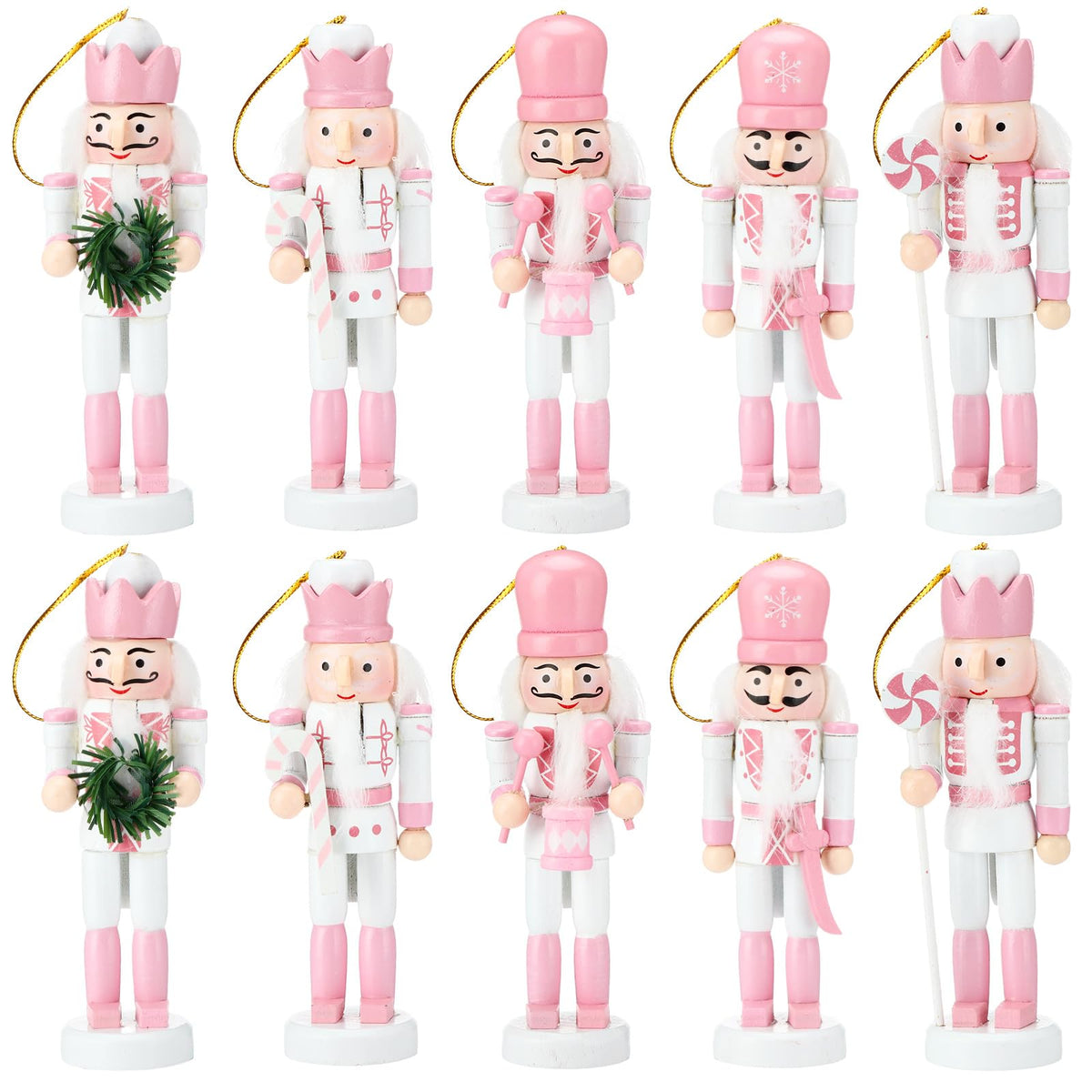 Jetec front view of ten nutcracker ornaments showing cute pink theme and paired styles, ideal for festive decor