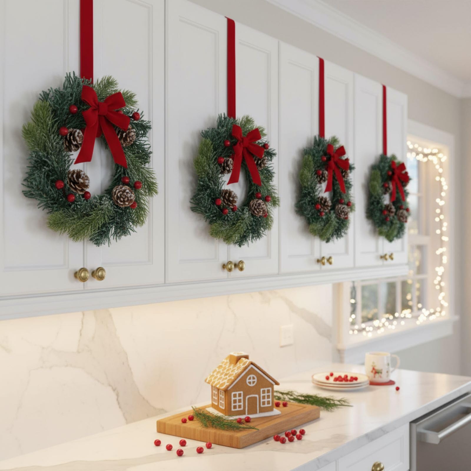 Jexine mini wreath on cabinet knob, lightweight decorative solution