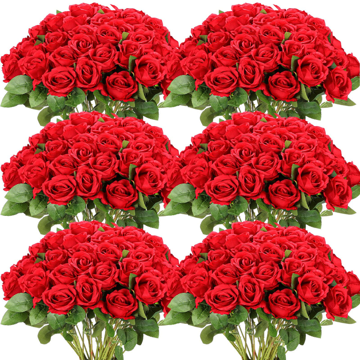 Jexine front view of 50 red silk roses pack showing uniform color and quantity benefit