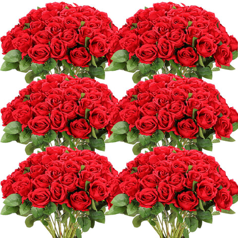 Jexine front view of 50 red silk roses pack showing uniform color and quantity benefit