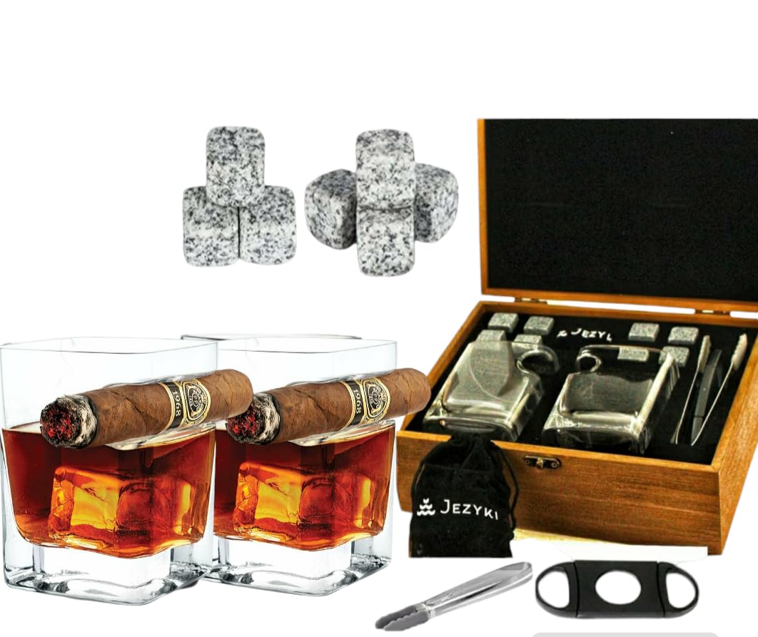 Jezyki front packaging showing complete whiskey and cigar glass set benefit ready gift