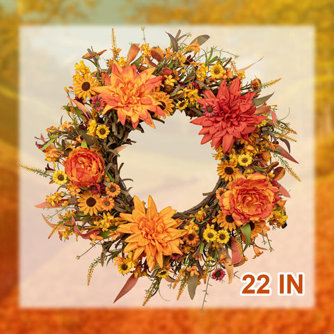 J'FLORU wreath size shown on door to illustrate true 22-inch scale