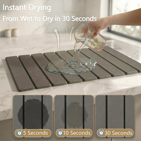 Jiieuilk mat in use with plates and bottles demonstrating quick drying and tidy counter