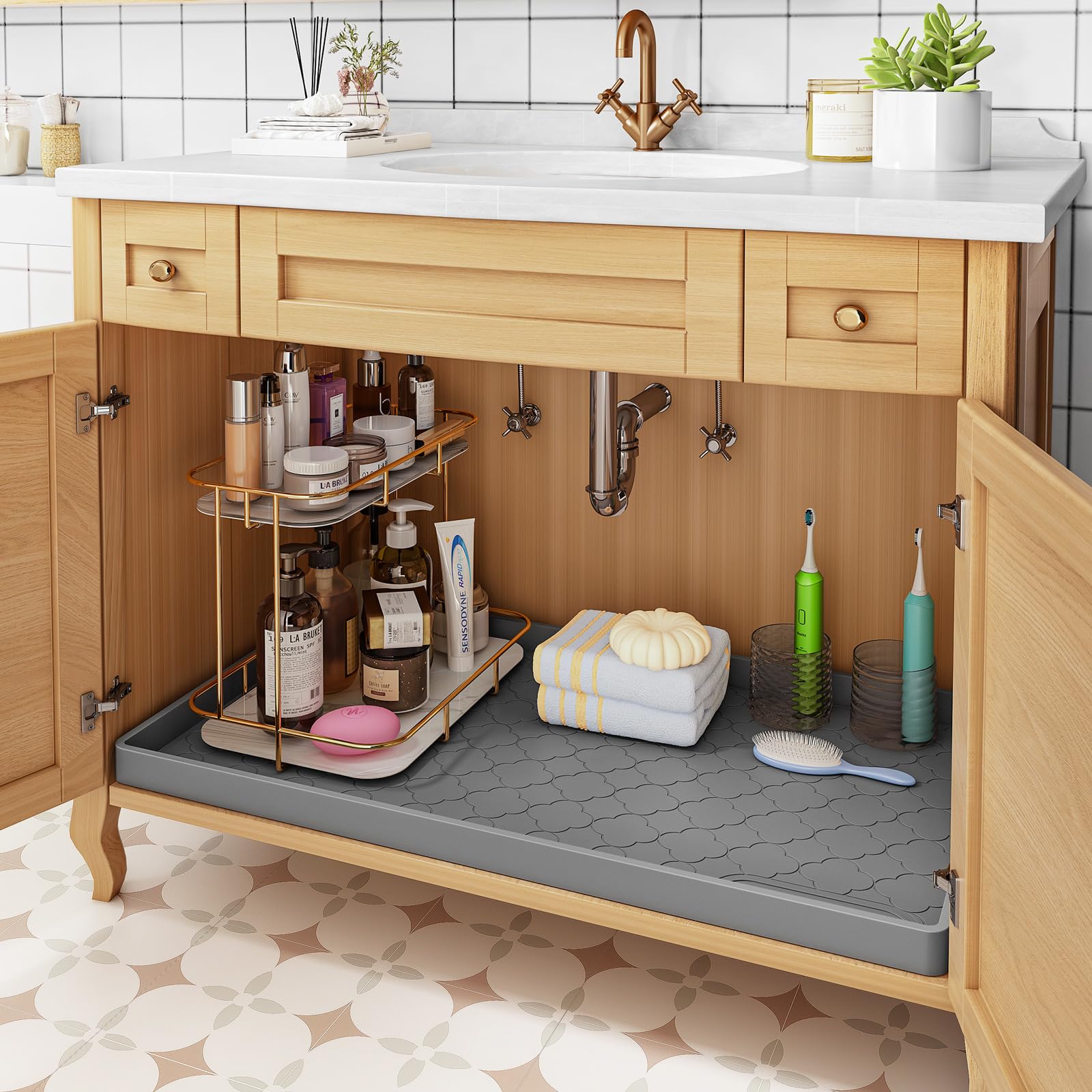 Jin&Bao mat next to ruler showing size and fit for cabinet installations