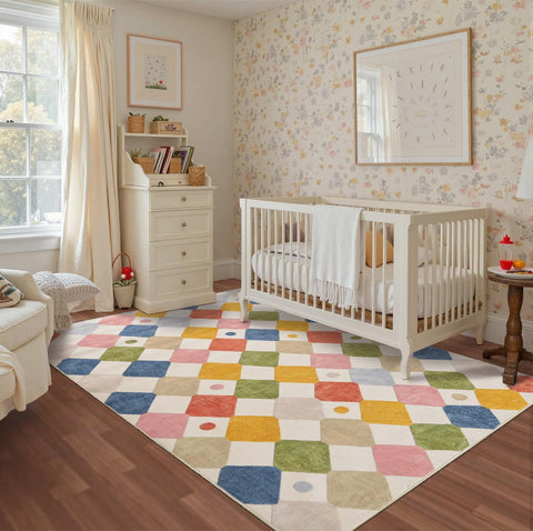 jinchan front view of colorful 5x7 rug showing diamond pattern and polka dots, brightening a room