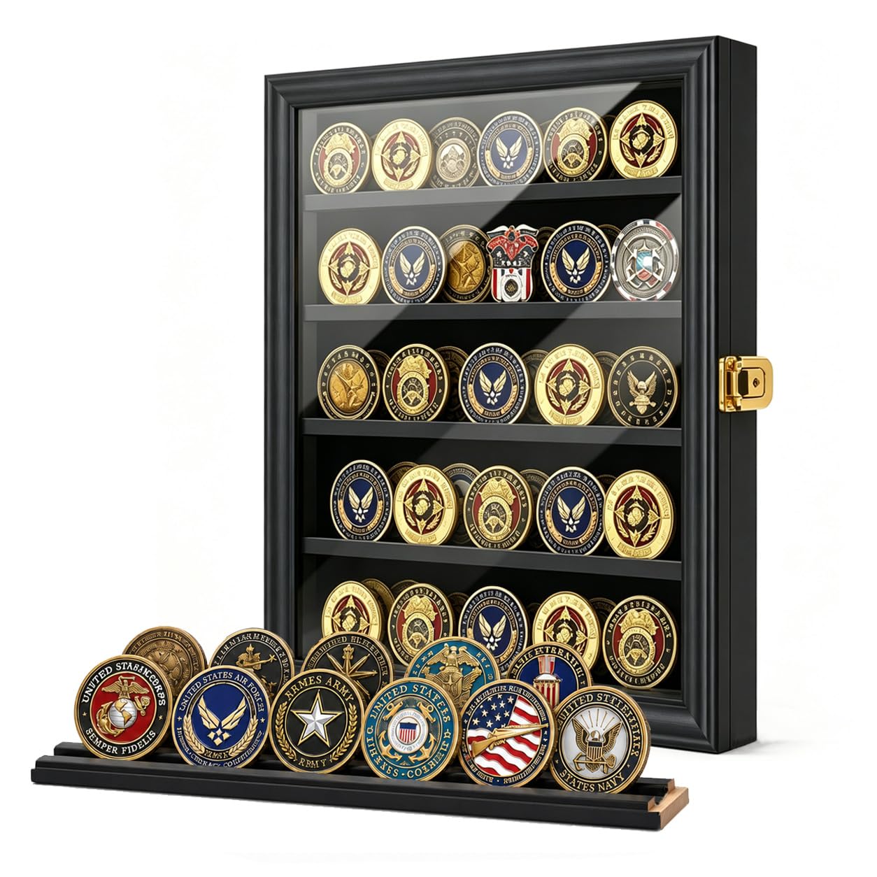 Jinchuan front view of lockable display case showing organized coins and clear door benefit