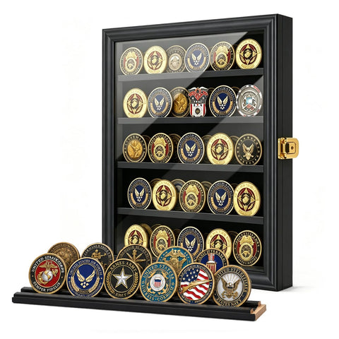 Jinchuan front view of lockable display case showing organized coins and clear door benefit