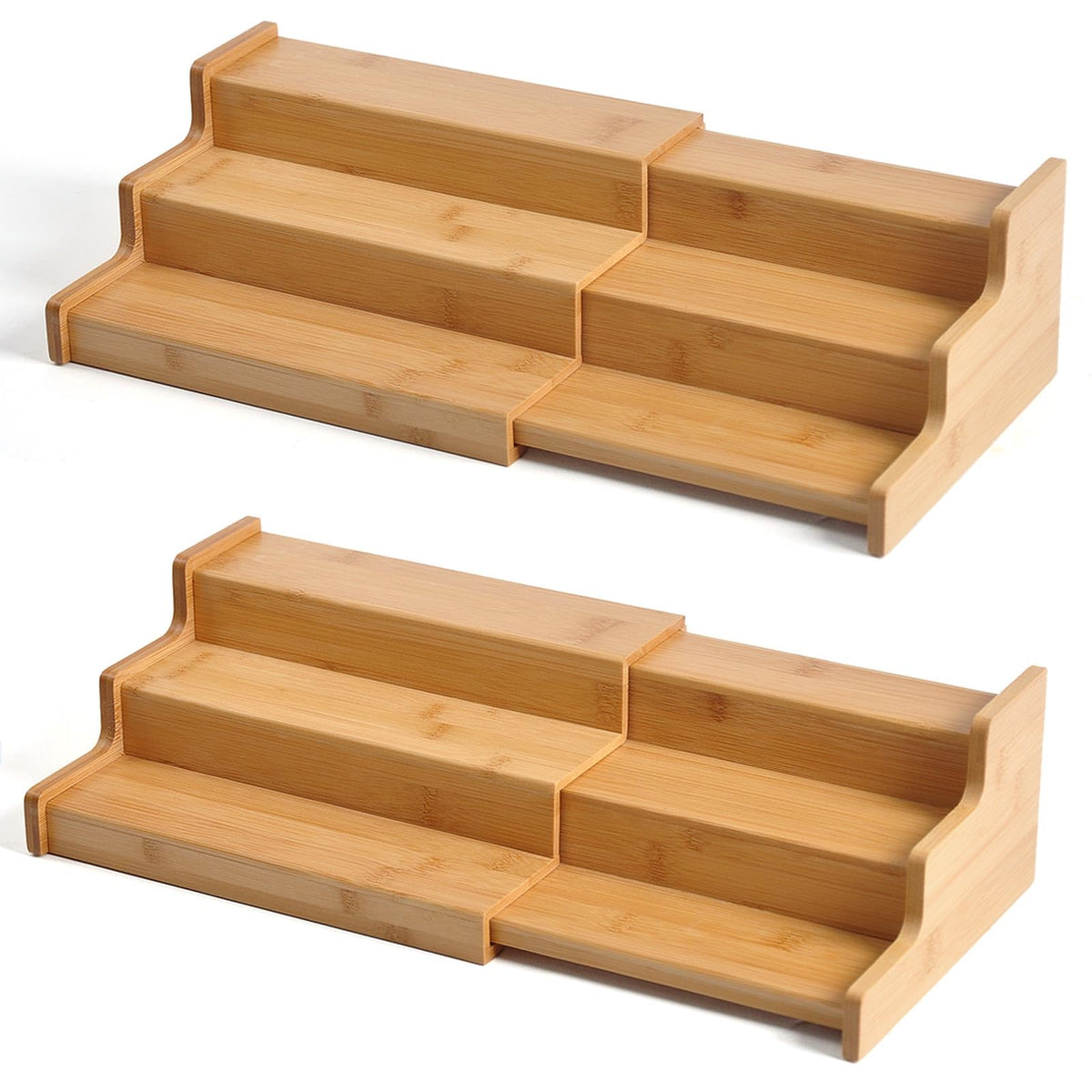 JinDoWin front view of two bamboo spice racks showing organized jars and space savings