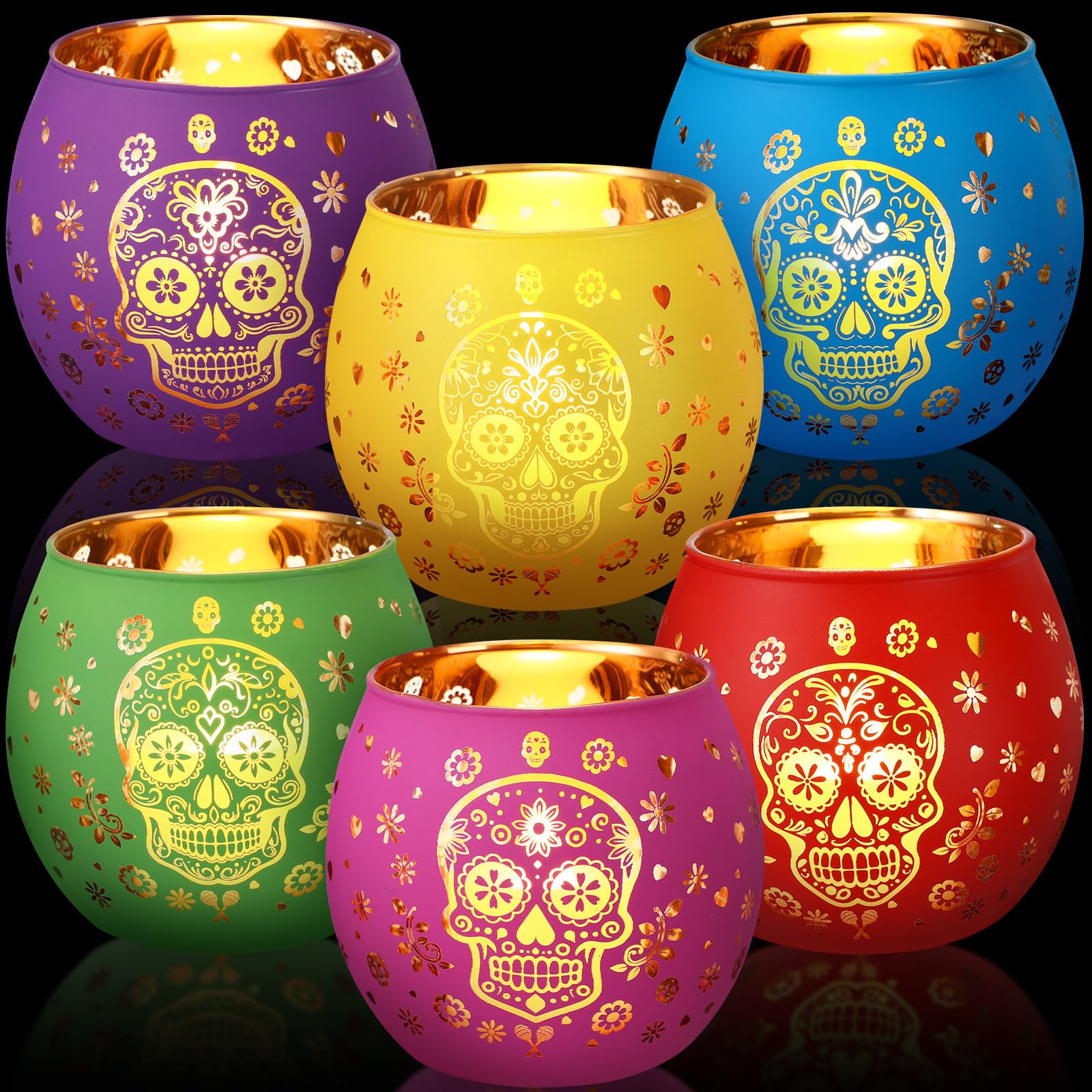 Jingmore front view showing six multicolor sugar skull glass votive holders, festive appeal