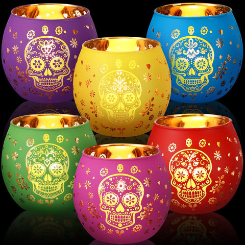 Jingmore front view showing six multicolor sugar skull glass votive holders, festive appeal