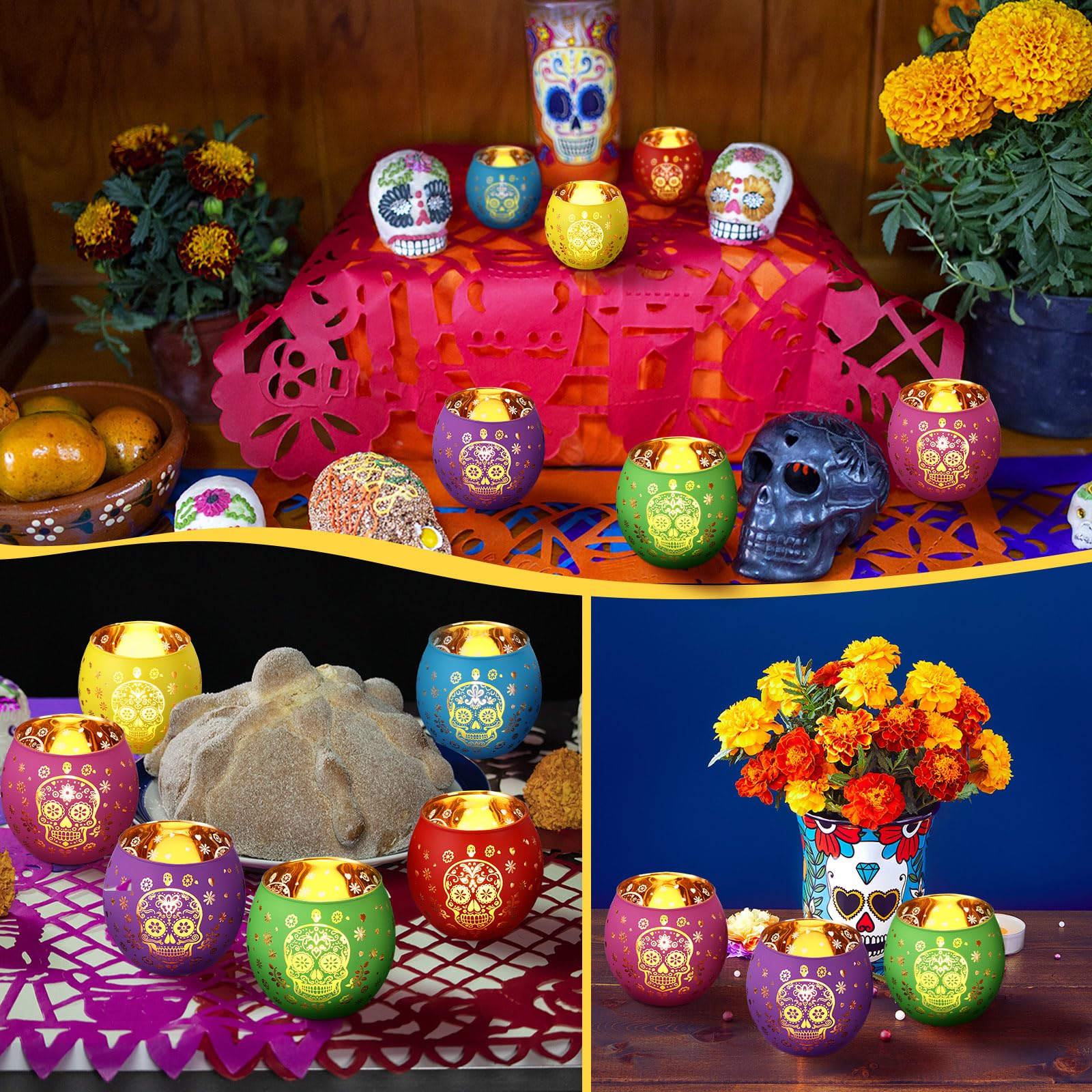 Jingmore votives styled on mantel for Halloween and Día de los Muertos decor, seasonal impact