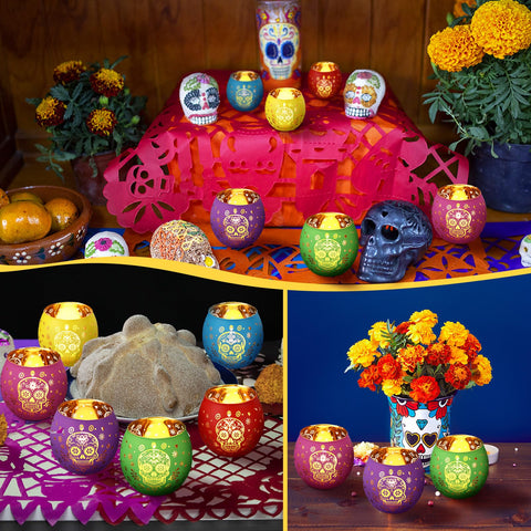 Jingmore votives styled on mantel for Halloween and Día de los Muertos decor, seasonal impact