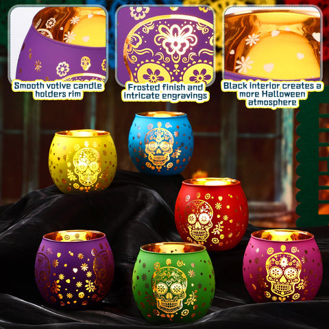 Jingmore votive lit with tealight showing warm glow through skull pattern, mood lighting