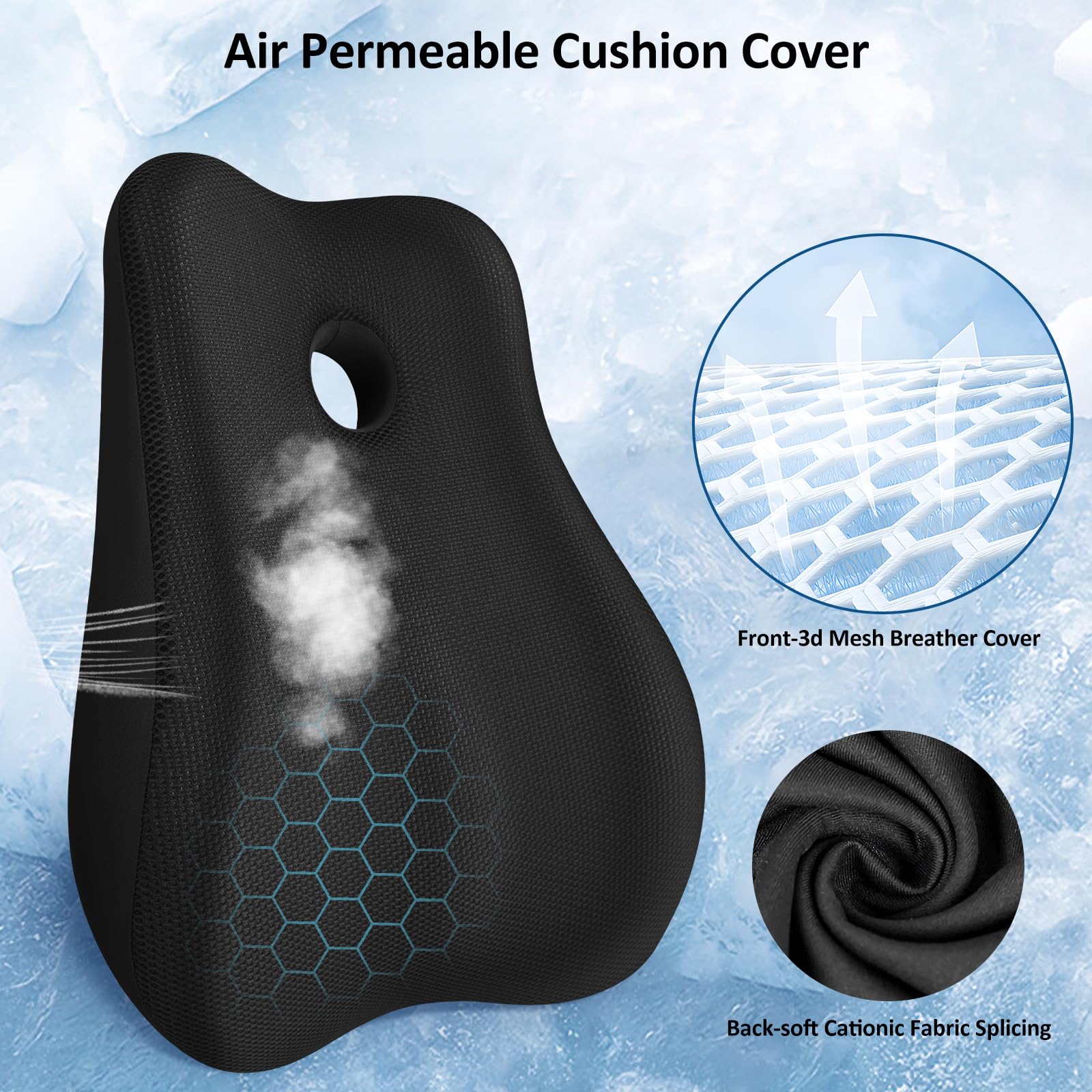 Side profile of JIPORIER lumbar support pillow showing ergonomic curve and steady back support