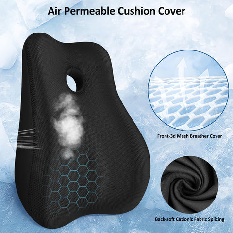 Side profile of JIPORIER lumbar support pillow showing ergonomic curve and steady back support