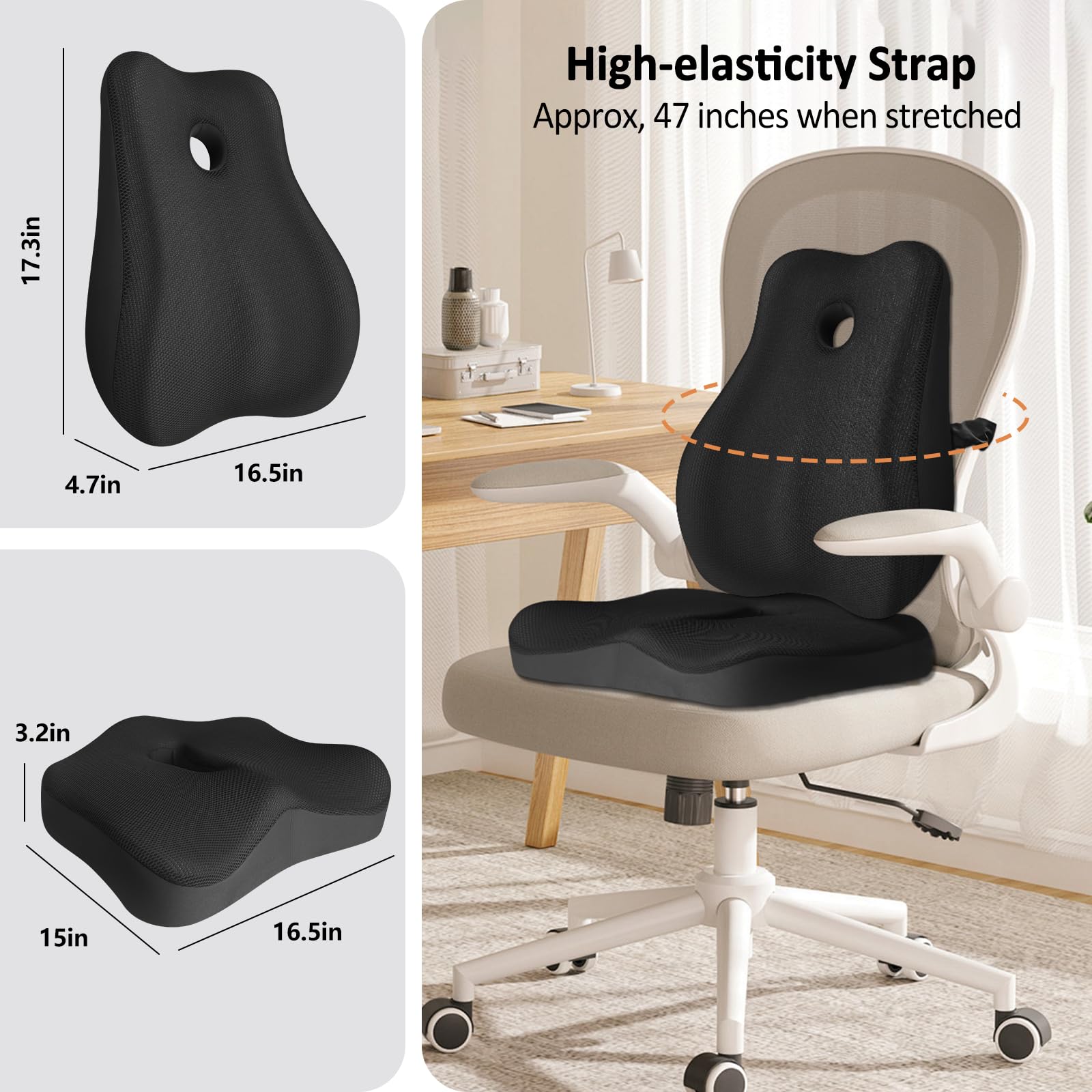 JIPORIER seat cushion placed on office chair illustrating improved posture and all-day comfort