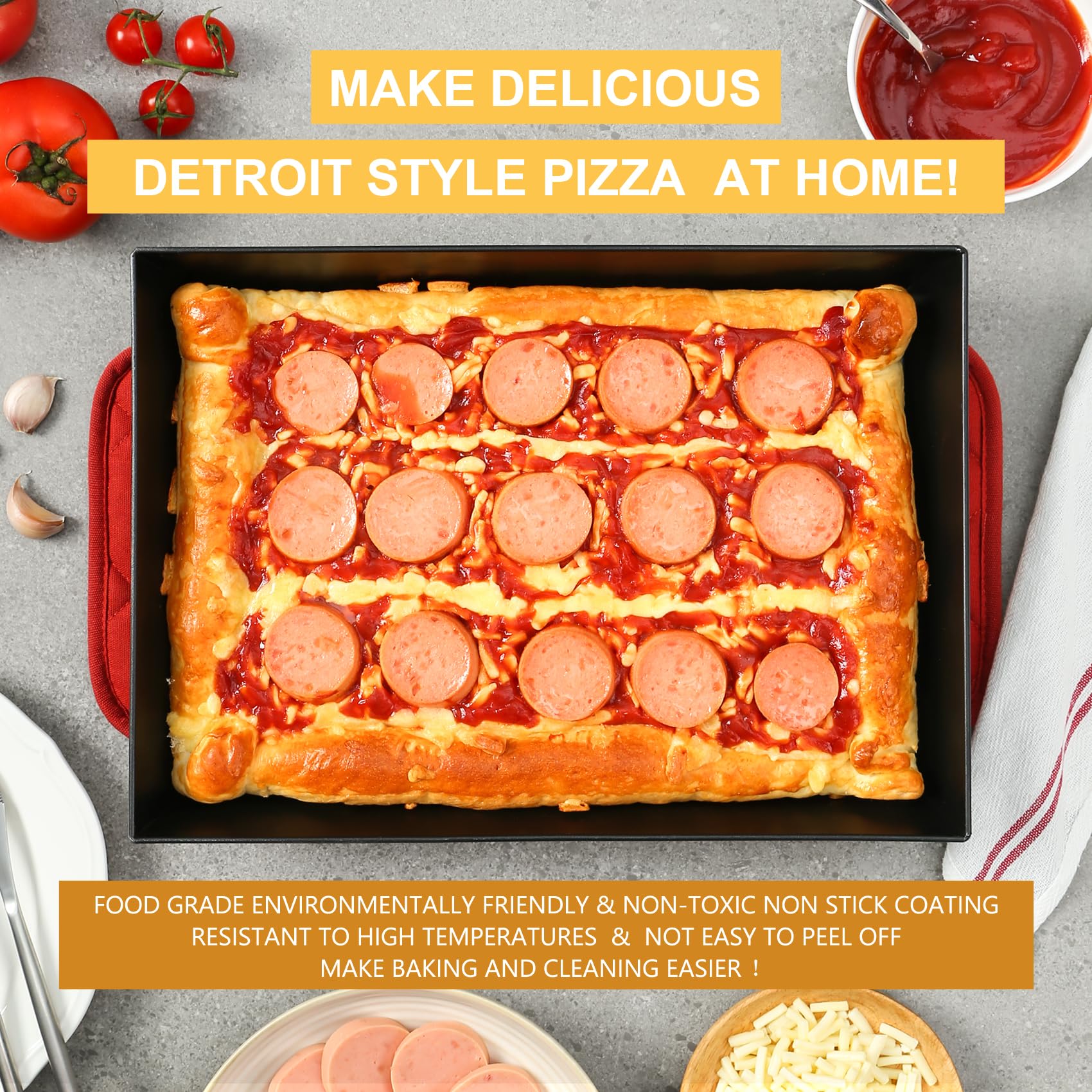 Jisculo pan inside oven with pizza baking for crisp, caramelized edges