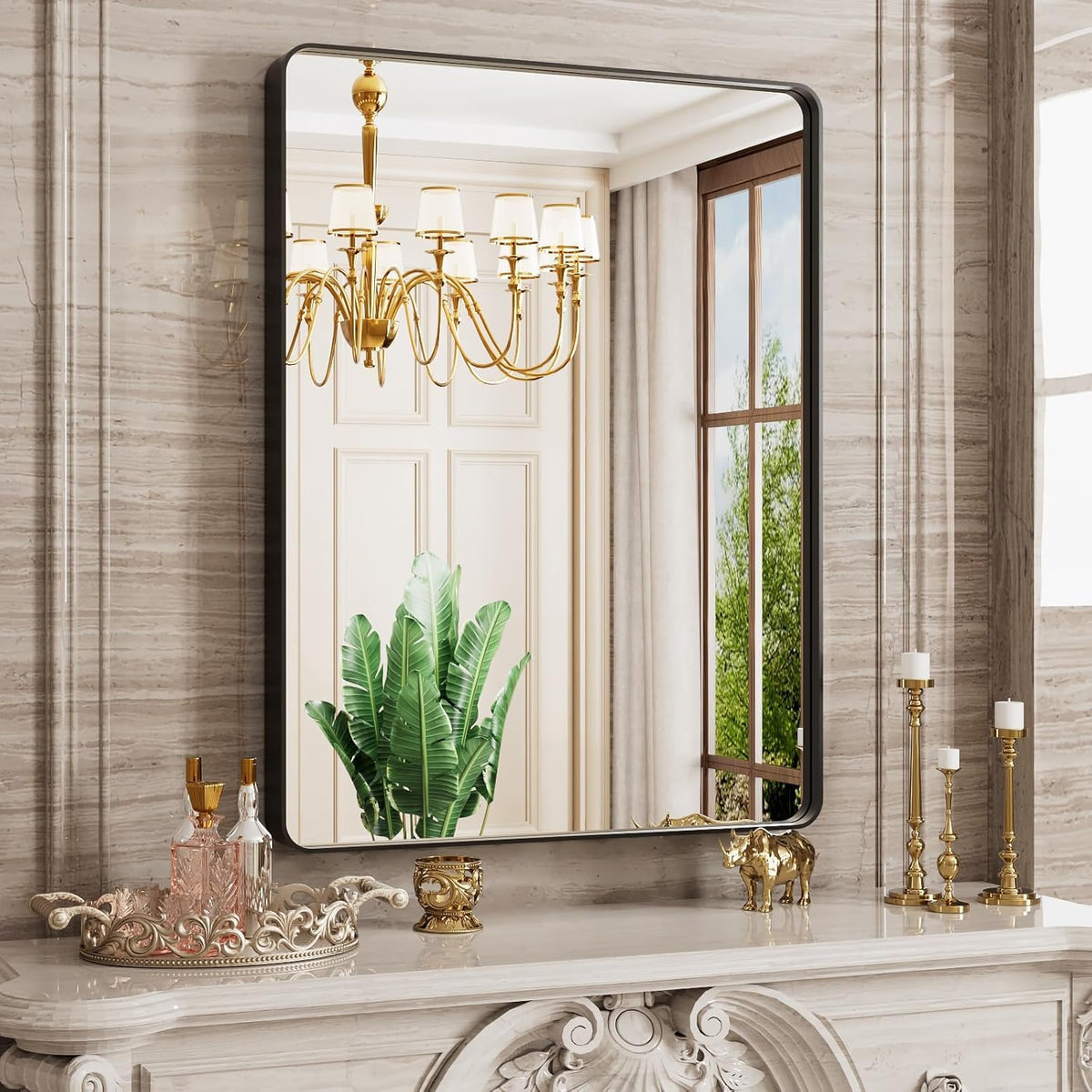 JISOSO front view of 24x32 black framed mirror showing clear reflection and sleek design