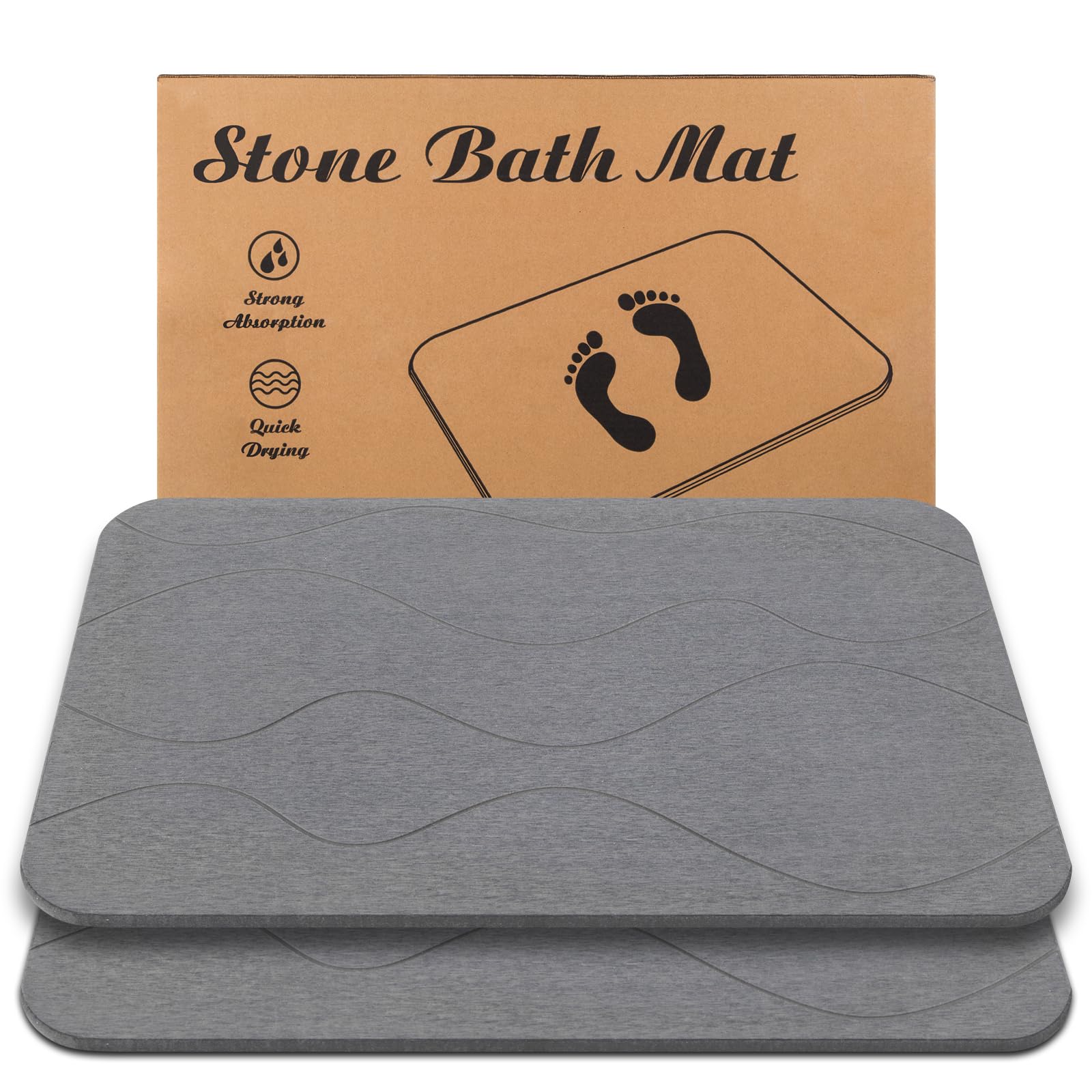 JIZEUO front view of grey diatomaceous stone bath mat showing pattern and color benefit quick-dry