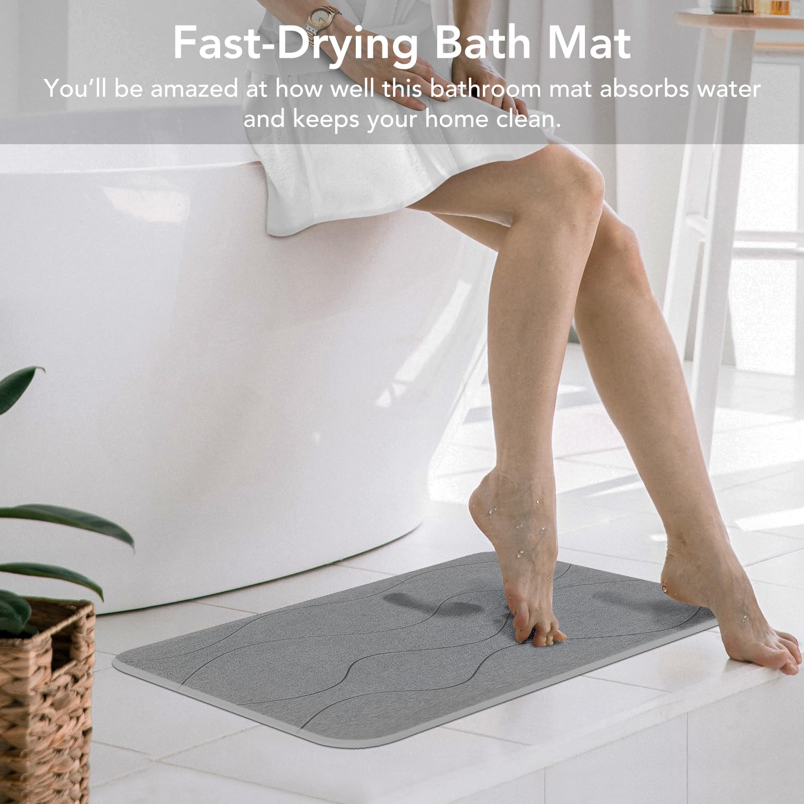 JIZEUO mat placed on a shower floor illustrating quick drying and reduced slipping benefit