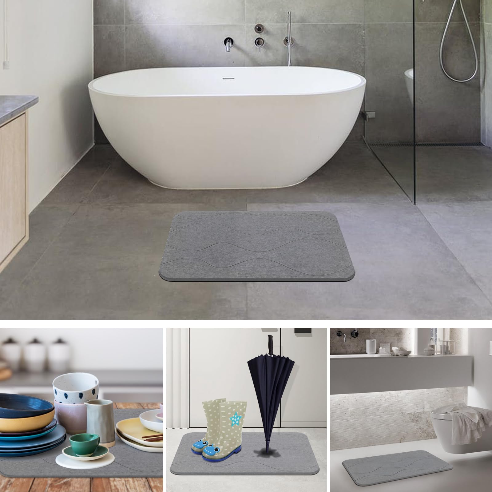 JIZEUO two grey stone mats stacked in a bathroom lifestyle scene showing set value and durability benefit