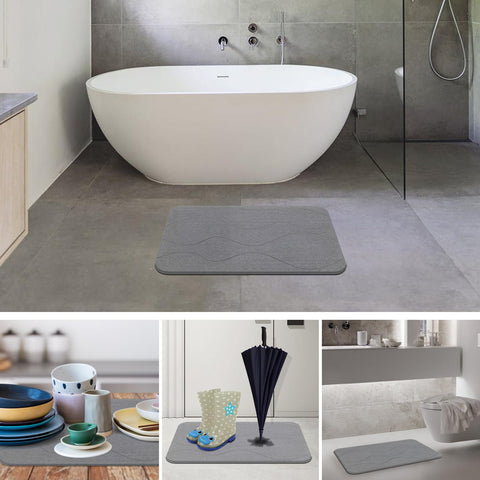 JIZEUO two grey stone mats stacked in a bathroom lifestyle scene showing set value and durability benefit