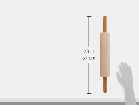 J.K. Adams rolling pin next to hand for scale demonstrating comfortable 12-inch handling