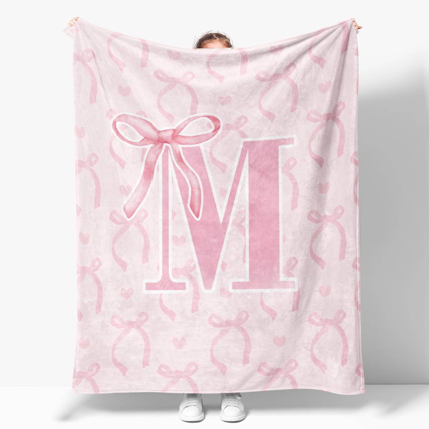 JKMBN front view of pink bow blanket shows stylish personalization and cozy look
