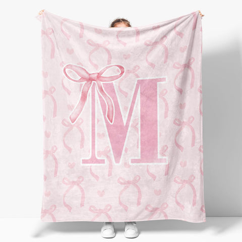 JKMBN front view of pink bow blanket shows stylish personalization and cozy look