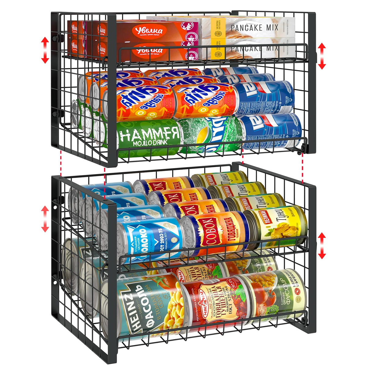 JKsmart front view of the 2-tier can rack showing organized cans and quick access