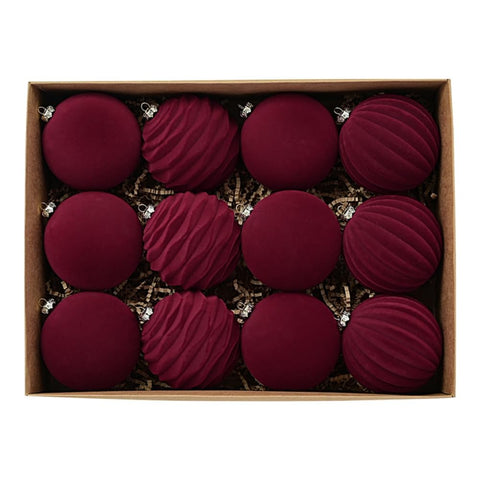 Jlong red velvet ornaments front packaging showing complete 12-piece set and festive benefit
