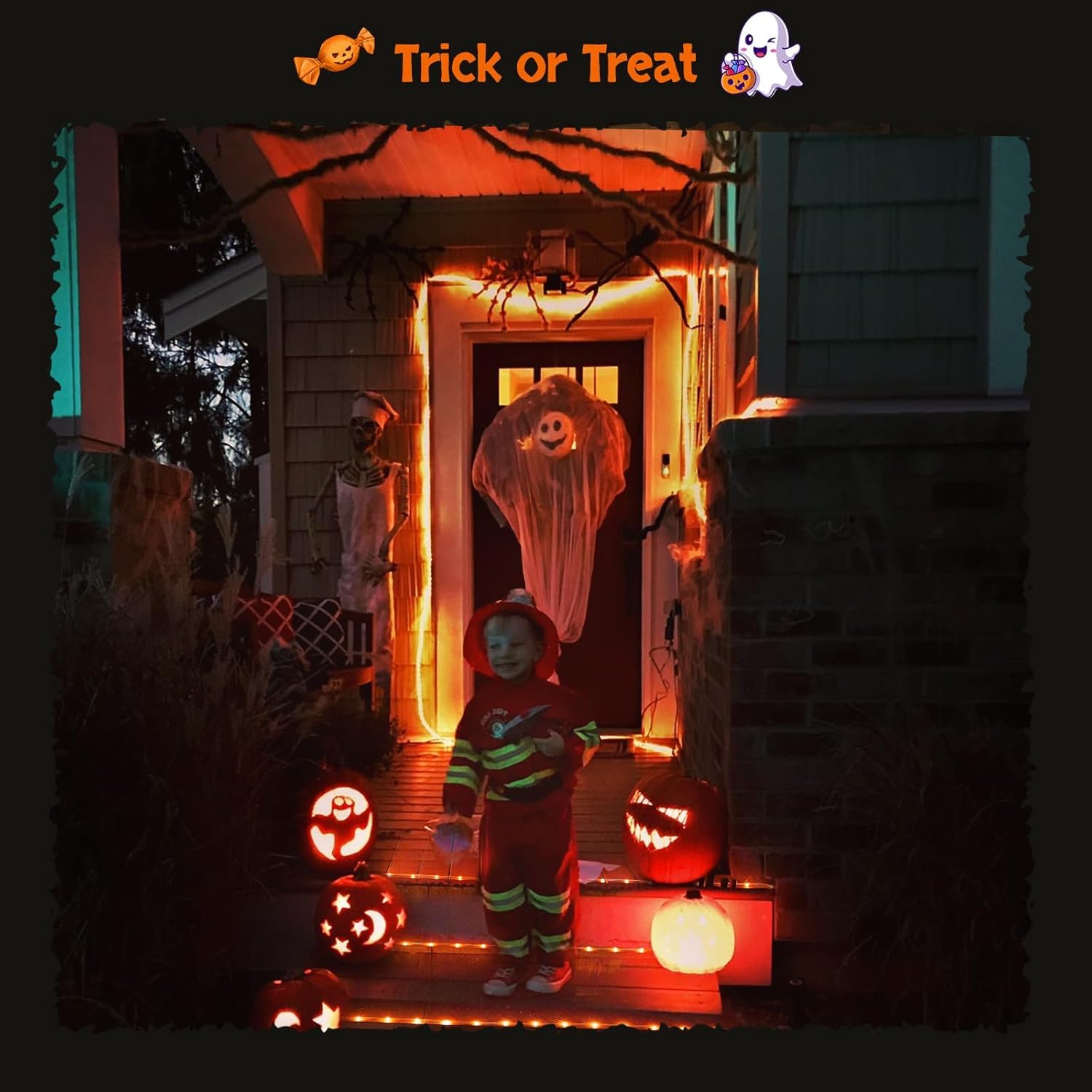 JMEXSUSS decorating a porch railing at night, creates festive mood