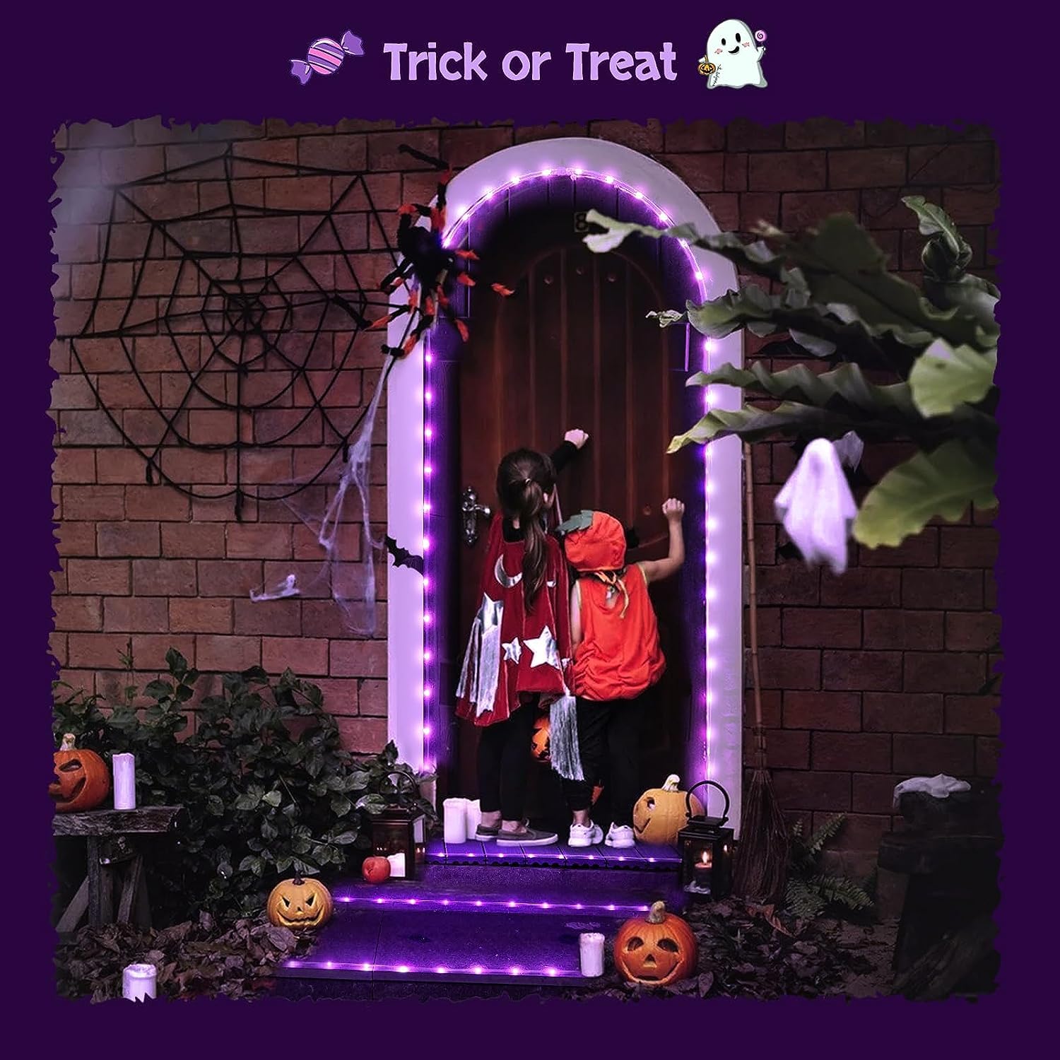JMEXSUSS purple lights decorating a mantel for a spooky Halloween vignette
