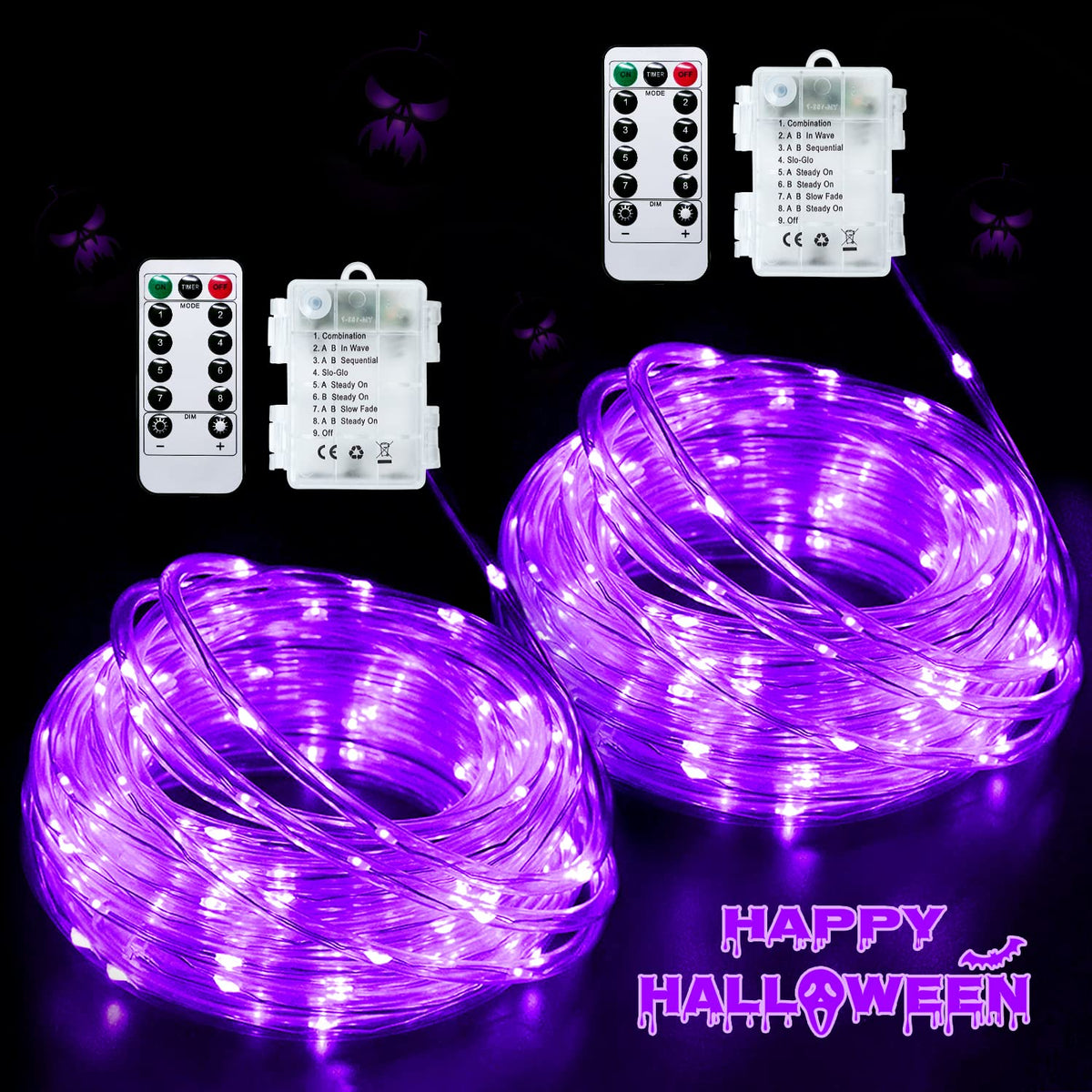 JMEXSUSS front packaging showing two purple battery rope lights for quick setup