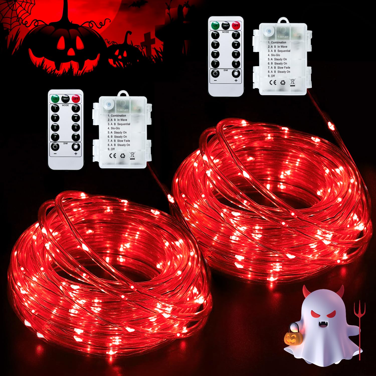 JMEXSUSS front packaging showing two red battery rope lights, quick setup benefit