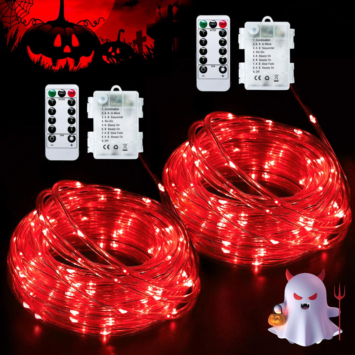 JMEXSUSS front packaging showing two red battery rope lights, quick setup benefit