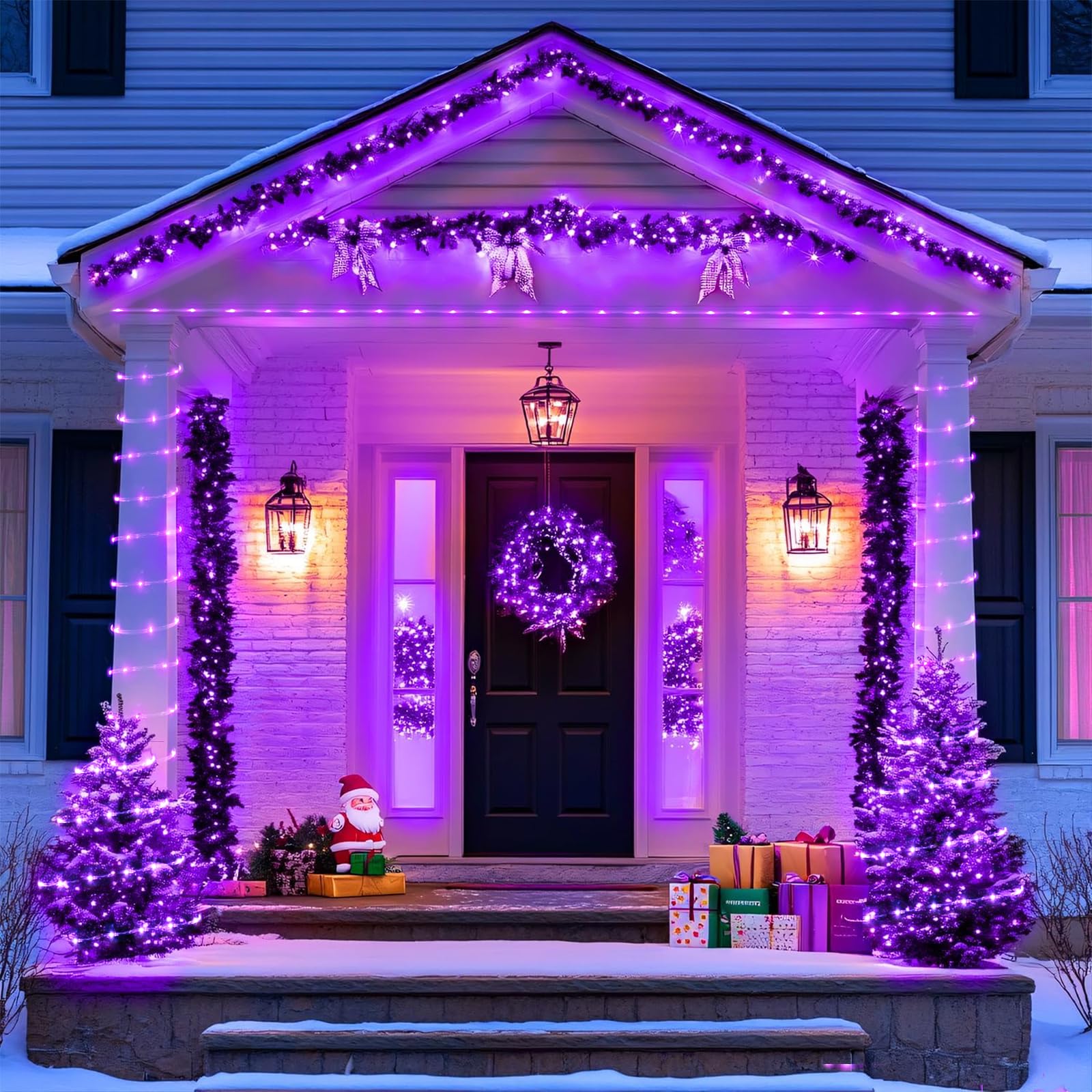 JMEXSUSS nighttime yard lit by purple rope lights for festive ambiance