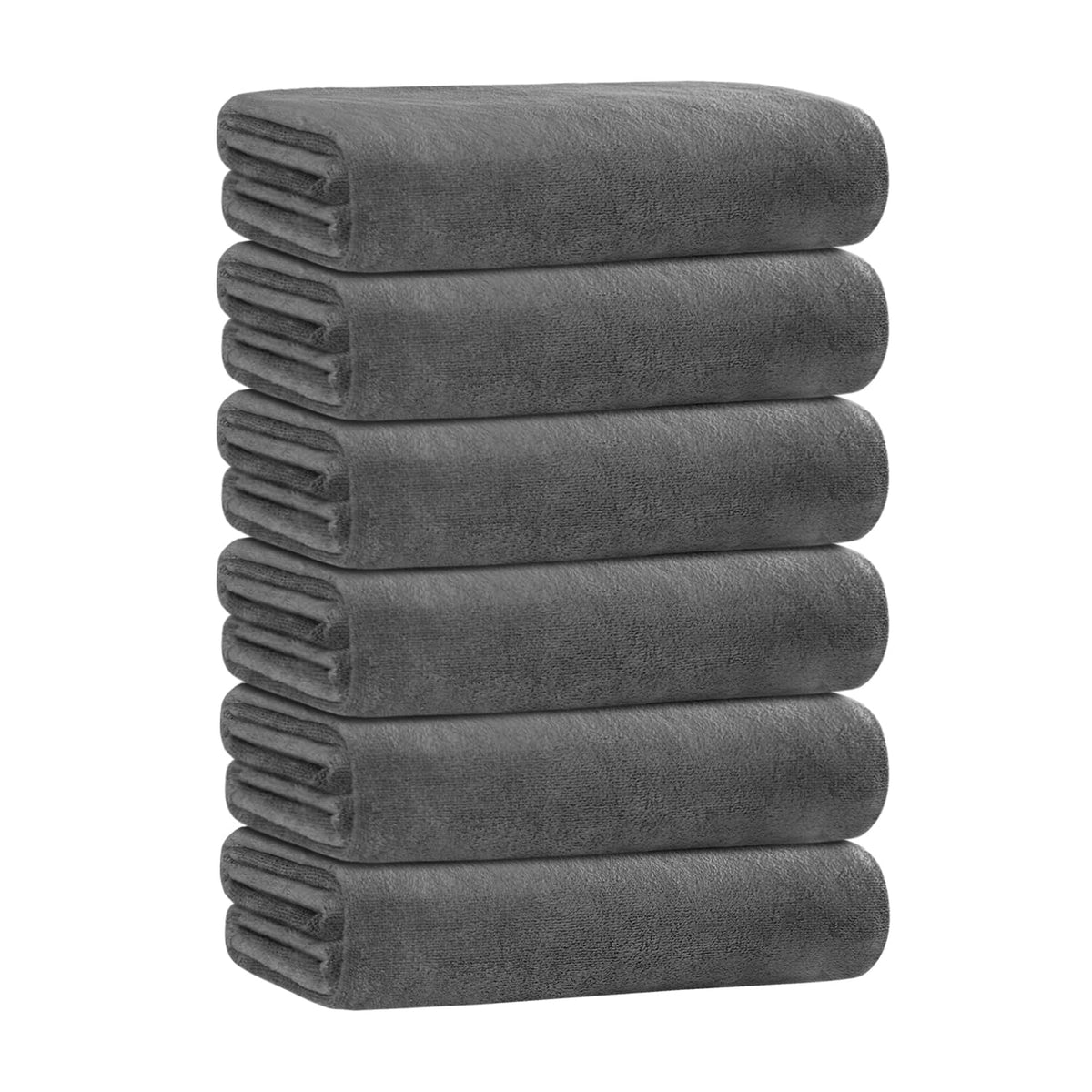 JML microfiber towel set front view showing six grey towels and fast-drying benefit