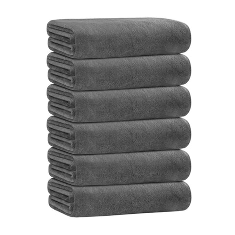 JML microfiber towel set front view showing six grey towels and fast-drying benefit