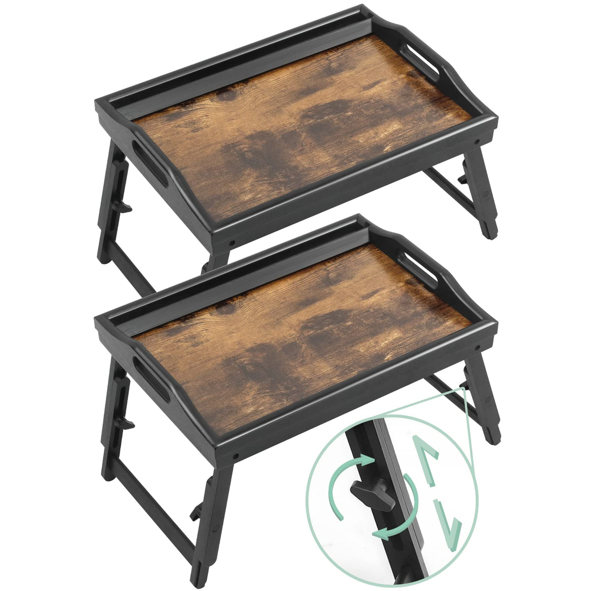 JMLHMXC front view of two bamboo bed trays showing handles and raised edges for safe serving