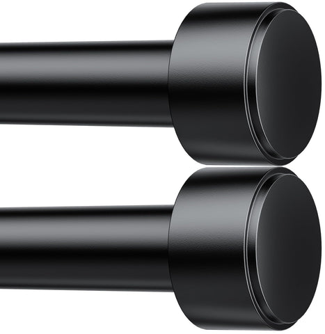 joawcy front packaging showing two black adjustable curtain rods and benefits