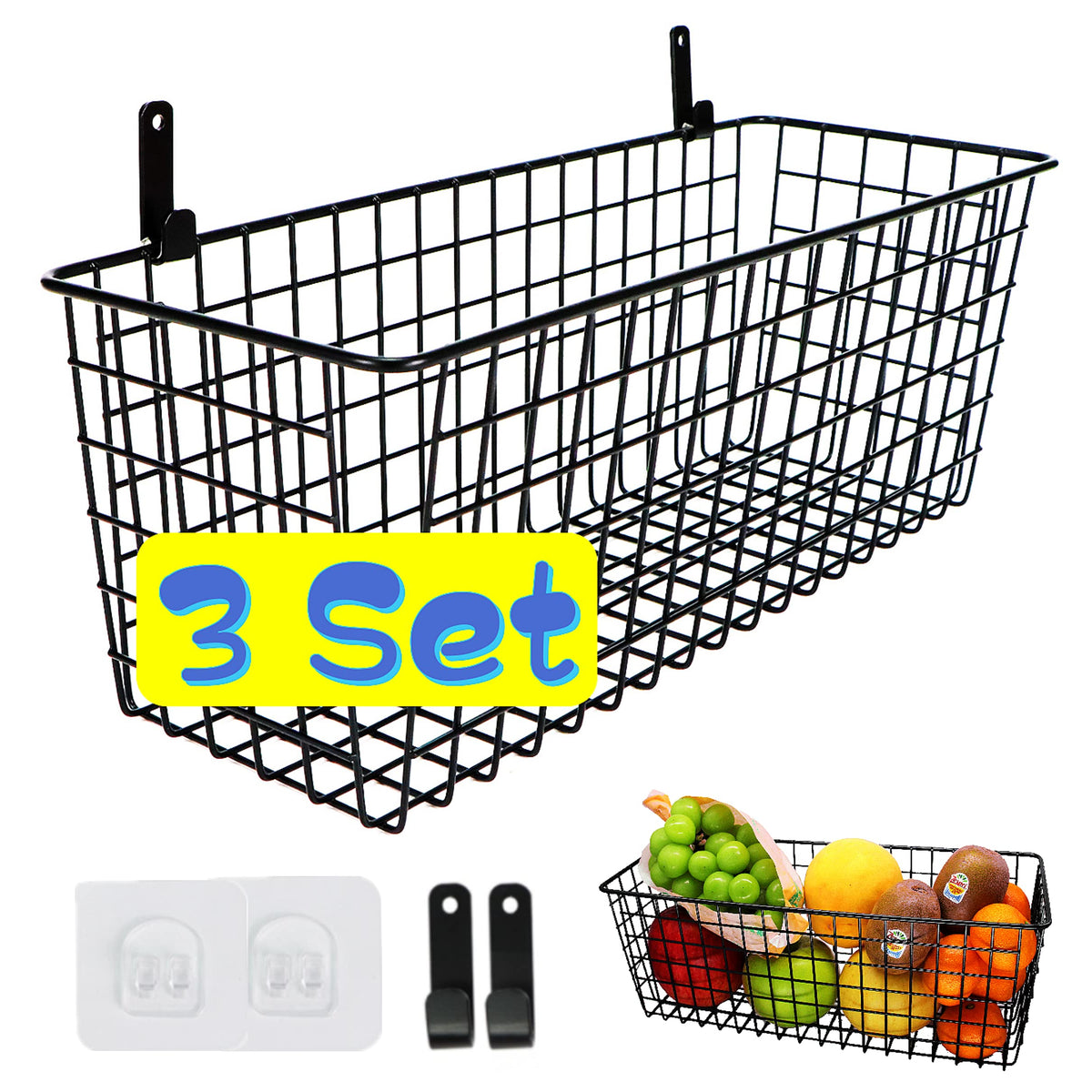 Joben Oligey front view of three hanging wire baskets showing space-saving benefit