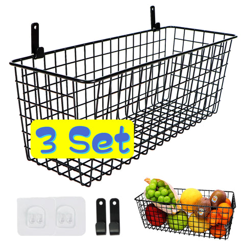 Joben Oligey front view of three hanging wire baskets showing space-saving benefit