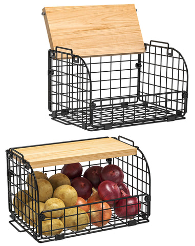Joben Oligey front view of two stackable wire baskets showing tidy produce storage and space saving