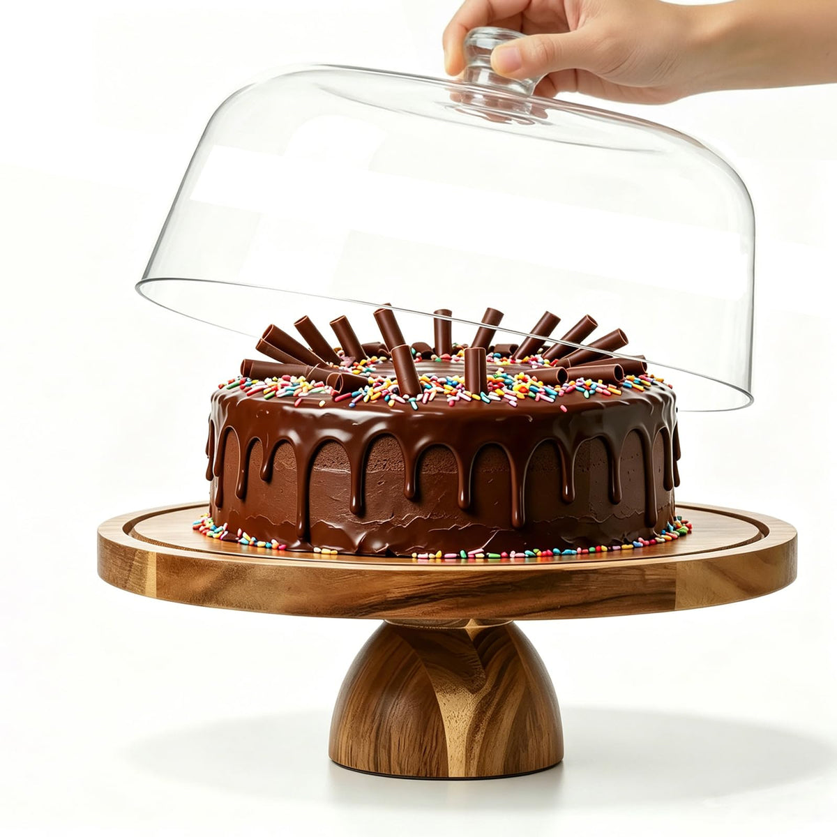 JOCHER front view of acacia cake stand showcasing elegant presentation