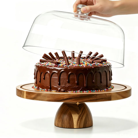 JOCHER front view of acacia cake stand showcasing elegant presentation