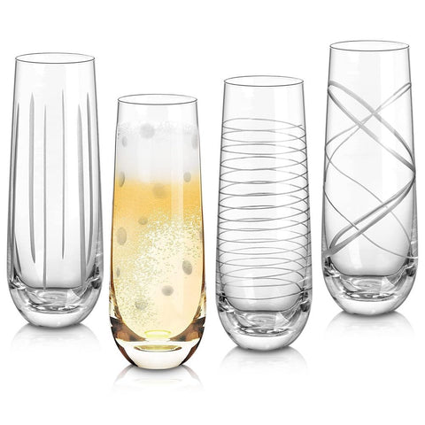 Joeyan front view of four etched champagne flutes showing elegant designs and balance