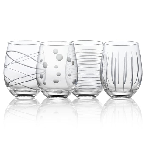 Joeyoan front view of four stemless glasses showing set and elegance