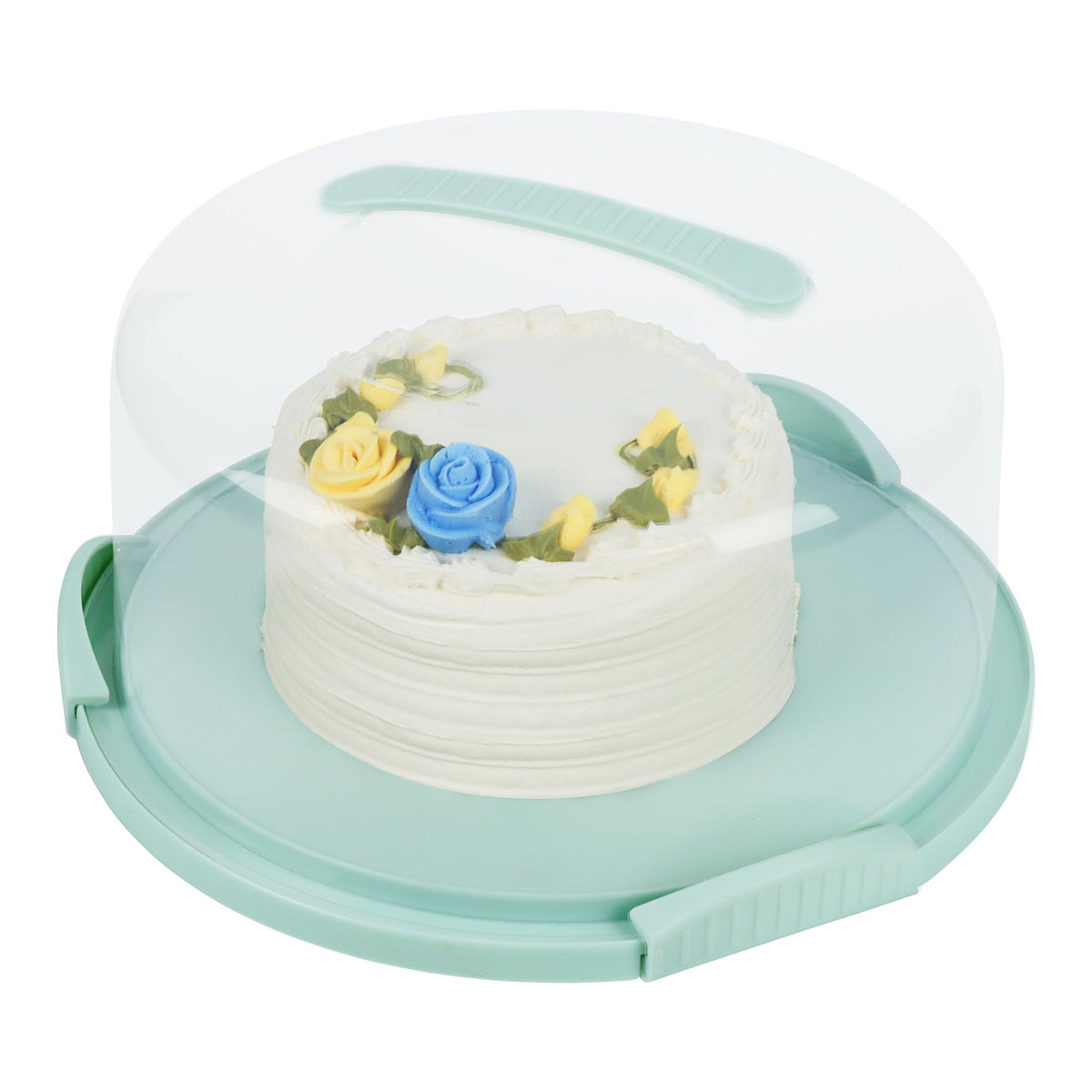 JOEY'Z front view of extra large cake carrier showing clear lid and green accents for secure transport