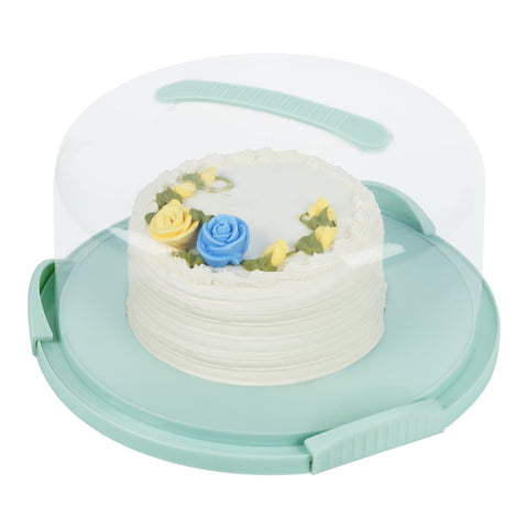 JOEY'Z front view of extra large cake carrier showing clear lid and green accents for secure transport